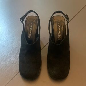 Via Spiga Black Suede Strappy Heels.  Worn and extremely comfortable.